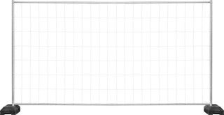 Mobilne, tymczasowe ogrodzenie budowlane z metalowej siatki w ramie, osadzone na czarnych, plastikowych podstawach.