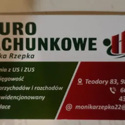 Wizytówka firmy z adresem, numerami telefonów i adresem e-mail, oferującej rozliczenia z US i ZUS, pełną księgowość, prowadzenie książki przychodów i rozchodów, ryczałt ewidencjonowany oraz obsługę...