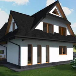 Wizualizacja projektu domu jednorodzinnego z czarnym dachem, białymi ścianami i drewnianymi oknami, z tarasem i ogrodem, samochód w tle.