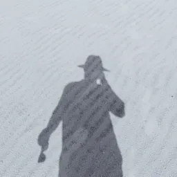 Cień detektywa w kapeluszu, rozmawiającego przez telefon i trzymającego lupę, rzucony na piaszczyste podłoże z wyraźnymi śladami.