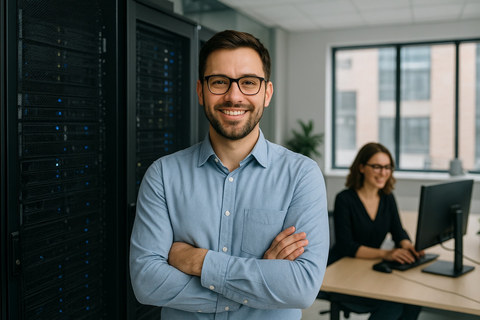 Uśmiechnięty mężczyzna w okularach na tle serwerowni i kobiety pracującej przy komputerze. Profesjonalizm i nowoczesne technologie w tle.