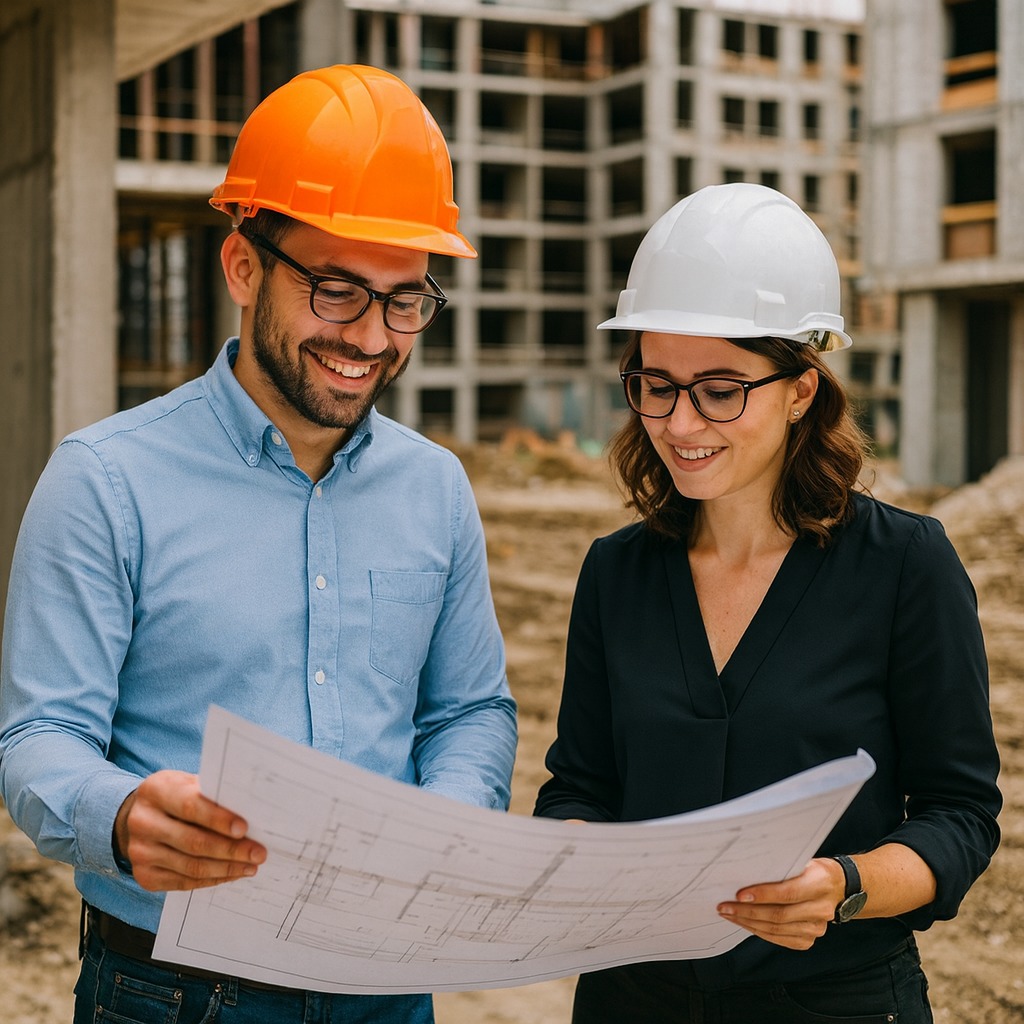 Uśmiechnięci inżynierowie w kaskach analizują plan budowy na tle surowego stanu budynku. Mężczyzna w niebieskiej koszuli, kobieta w czarnej bluzce.