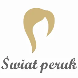 Logo firmy 'Świat peruk' z abstrakcyjnym symbolem fryzury w kolorze beżowym na białym tle.