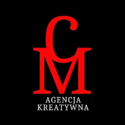 Graficzne logo 'CM' w czerwieni na czarnym tle, poniżej biały napis 'Agencja Kreatywna'. Minimalistyczny design, wyraźne kontrasty i nowoczesna typografia.