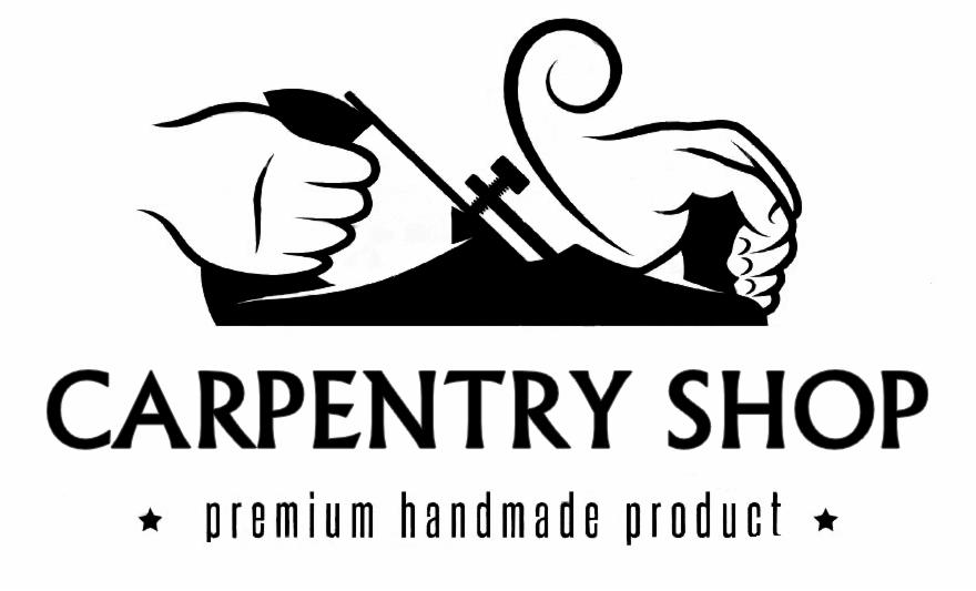 Grafika: ręce strugają drewno. Czarno-białe logo 'Carpentry Shop', podkreślone frazą 'premium handmade product'. Stylizowane, rzemieślnicze.