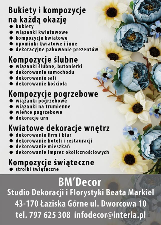 Plakat reklamowy studia dekoracji i florystyki z ofertą bukietów, wiązanek i kompozycji kwiatowych na różne okazje, w tym ślubne, pogrzebowe, świąteczne oraz do dekoracji wnętrz firm, hoteli...