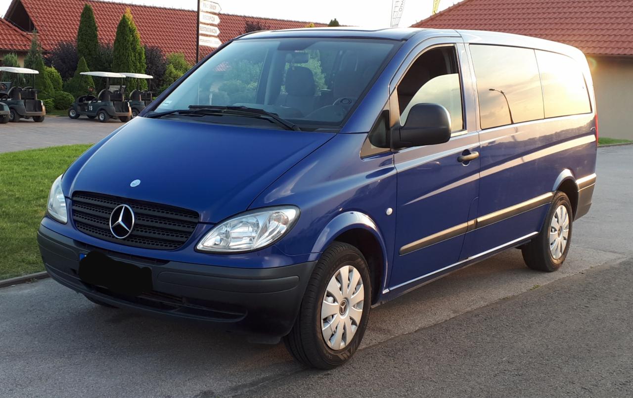 Niebieski bus Mercedes-Benz Vito, widok z przodu, zaparkowany na parkingu z wózkami golfowymi w tle.
