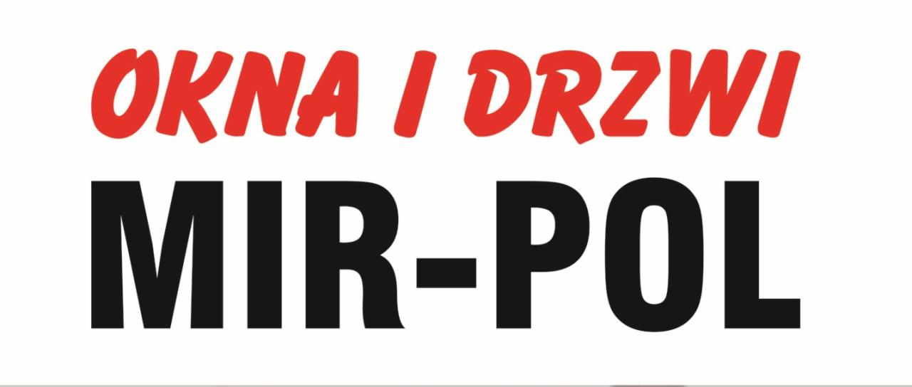 Logo firmy MIR-POL z czerwonym napisem OKNA I DRZWI na górze i czarnym napisem MIR-POL na dole, na białym tle.