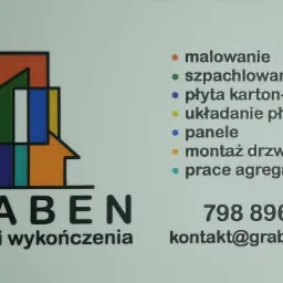 Wizytówka firmy remontowej z logo: abstrakcyjny budynek i drzewo. Oferta obejmuje m.in. malowanie, szpachlowanie, układanie płytek, montaż drzwi i okien.