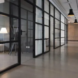 Wnętrze nowoczesnego biura z przeszklonymi ścianami działowymi, widoczny korytarz z polerowaną betonową podłogą, lampy wiszące i fragment strefy relaksu z sofą i lampą podłogową.