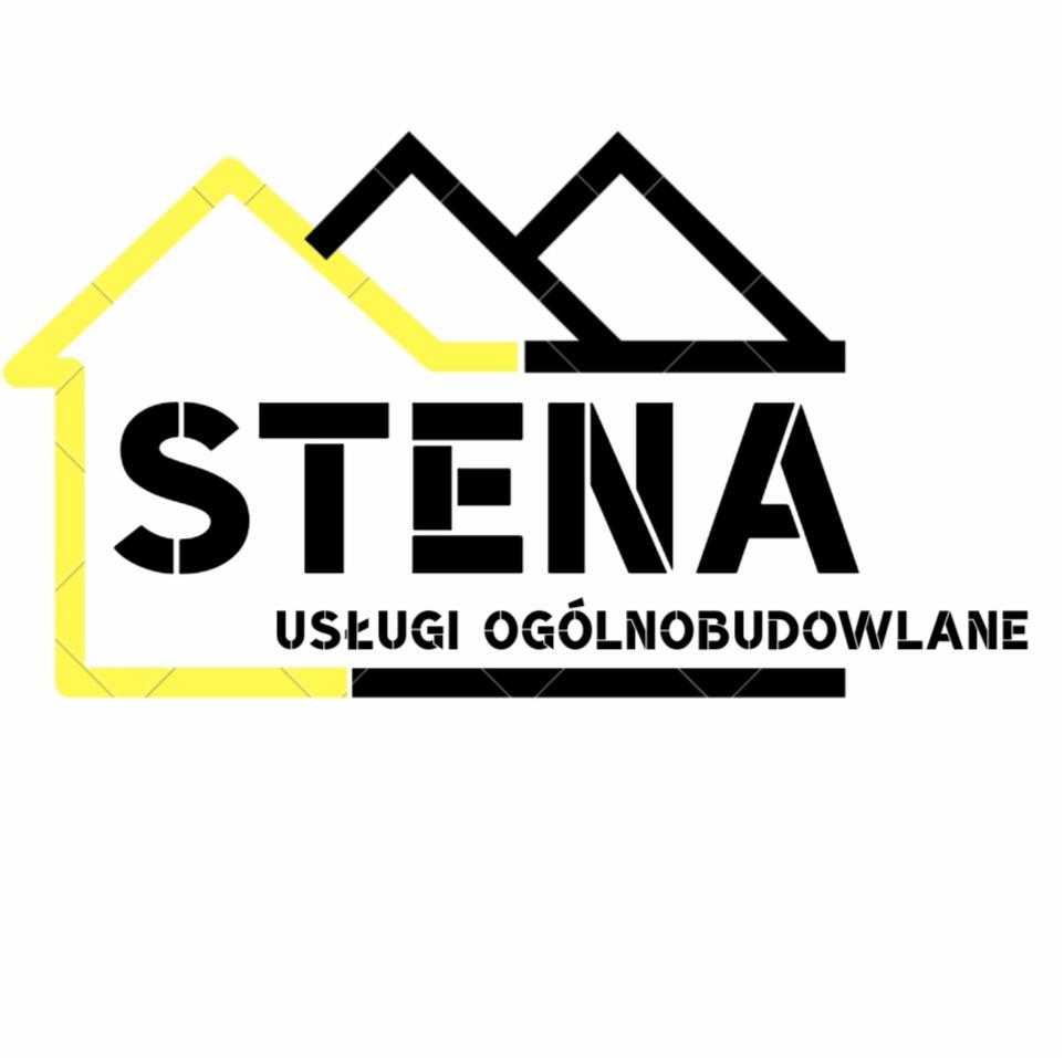 Logo firmy STENA Usługi Ogólnobudowlane z żółto-czarnym symbolem domu i dachu.