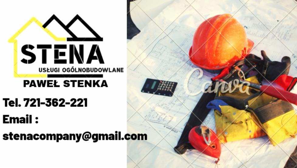 Wizytówka firmy budowlanej Stena z elementami wyposażenia budowlanego: kask, plan, kalkulator, pas narzędziowy. W tle siatka z logiem Canva.