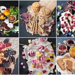 zdroweslodycze.pl - Kompozycja sześciu kadrów: przekąski wytrawne i słodkie, w tym orzechy, suszone owoce, pieczywo, dżemy, lizaki i czekolada, ułożone na ciemnym tle z elementami dekoracyjnymi.