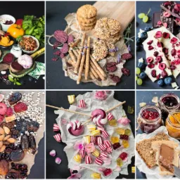 Kompozycja sześciu kadrów: przekąski wytrawne i słodkie, w tym orzechy, suszone owoce, pieczywo, dżemy, lizaki i czekolada, ułożone na ciemnym tle z elementami dekoracyjnymi.