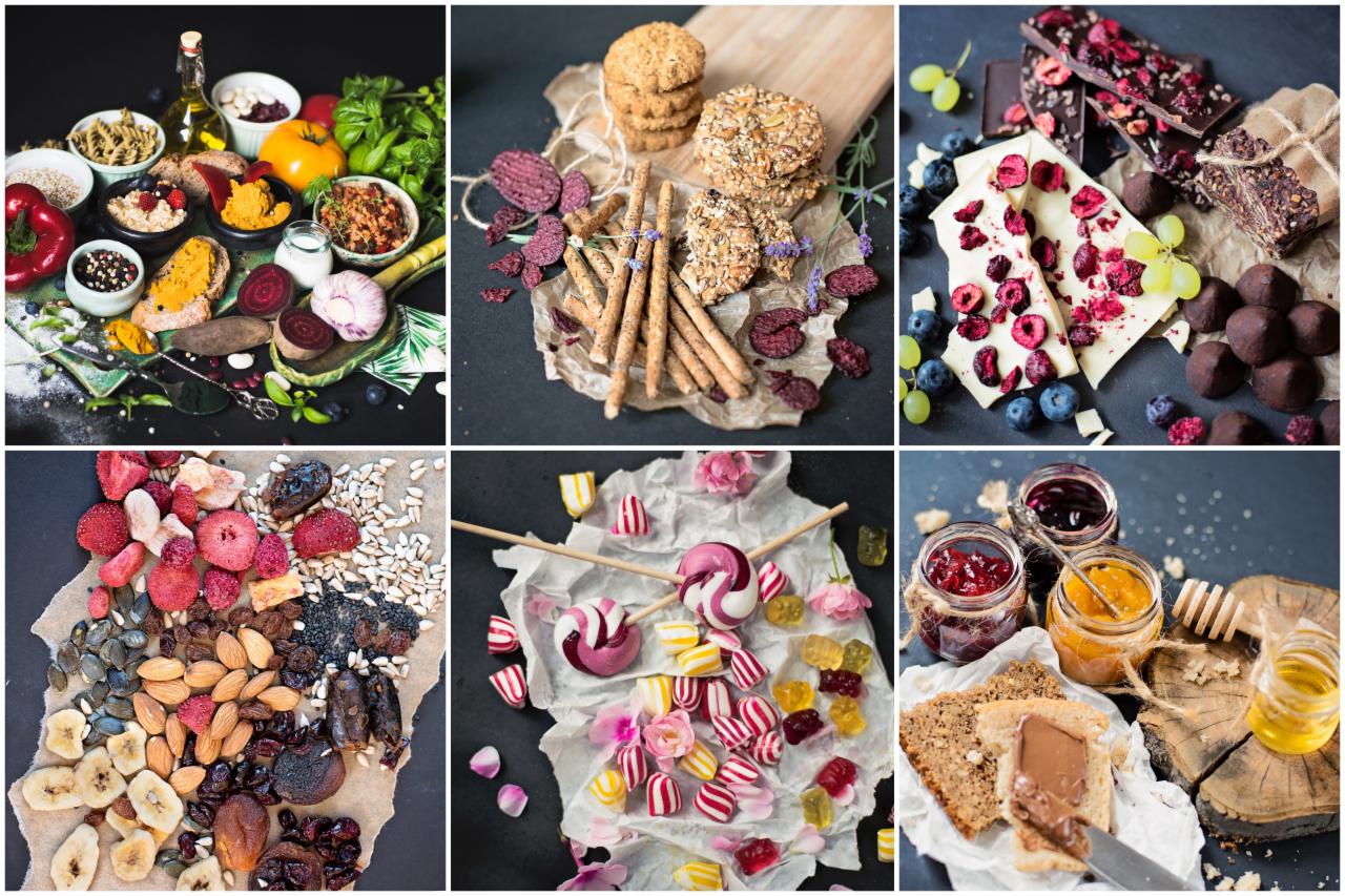 Kompozycja sześciu kadrów: przekąski wytrawne i słodkie, w tym orzechy, suszone owoce, pieczywo, dżemy, lizaki i czekolada, ułożone na ciemnym tle z elementami dekoracyjnymi.