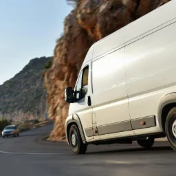 Biały furgon dostawczy jedzie krętą drogą wzdłuż skalistego zbocza góry, z innym pojazdem widocznym w oddali.
