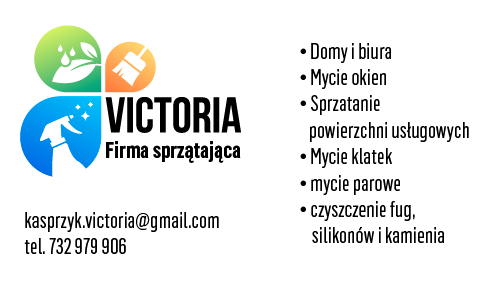 Logo firmy sprzątającej Victoria z adresem email, numerem telefonu i listą świadczonych usług, takich jak sprzątanie domów i biur, mycie okien, powierzchni usługowych, klatek, mycie parowe...