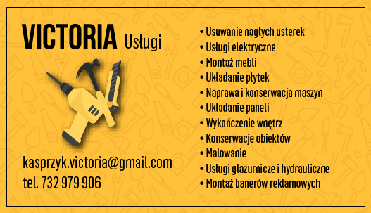Wizytówka firmy Victoria Usługi z adresem email kasprzyk.victoria@gmail.com i numerem telefonu 732 979 906, oferującej usługi elektryczne, montaż mebli, układanie płytek, malowanie i inne prace...