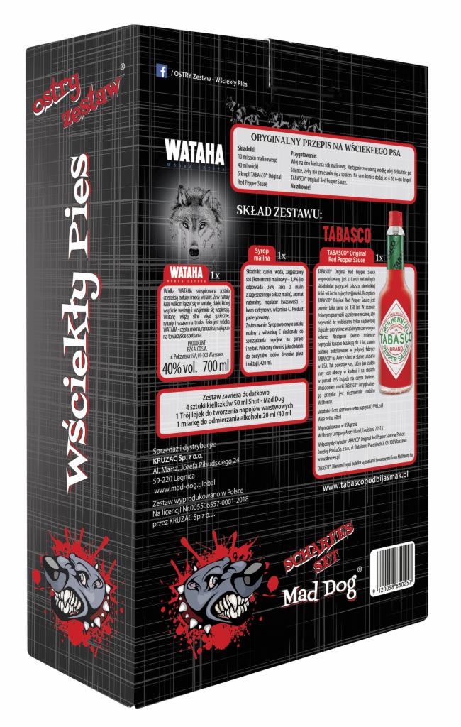 Zestaw 'Wściekły Pies': wódka WATAHA, syrop malinowy, sos Tabasco, kieliszki Mad Dog, lejek i miarka do alkoholu, zapakowane w czarno-czerwone pudełko z grafiką wilka i psa.