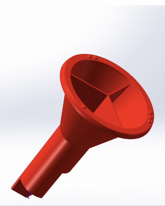 Czerwony, trójdzielny lejek z uchwytami na obwodzie, przedstawiony w programie do modelowania 3D na białym tle.