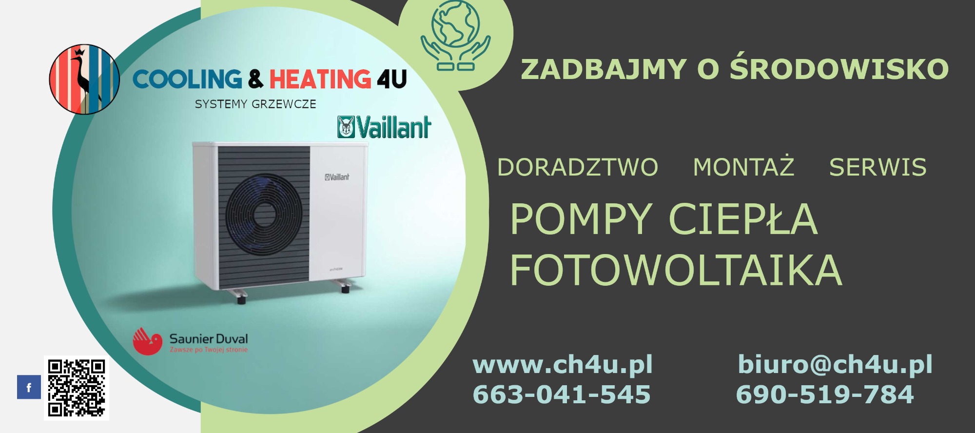 Grafika reklamowa firmy instalacyjnej z pompą ciepła Vaillant, logo firmy Cooling & Heating 4U, hasło 'Zadbajmy o środowisko', oraz dane kontaktowe i QR kod.