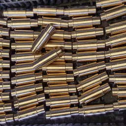 Partie precyzyjnie obrobionych, metalowych elementów cylindrycznych z rowkami, ułożonych w czarnym, plastikowym pojemniku transportowym.