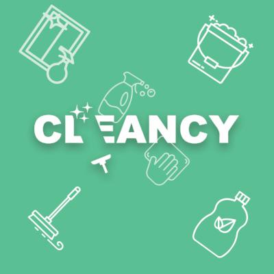 Grafika z białymi ikonami środków czystości (płyn, spryskiwacz, wiadro z pianą, mop, ściągaczka, szmatka w dłoni) i napisem 'CLEANCY' na zielonym tle.