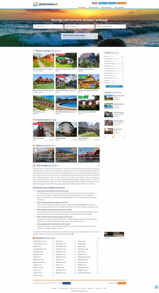 Strona internetowa Przymorzu.pl oferująca noclegi nad morzem, z wyszukiwarką, kategoriami polecanych i ostatnio dodanych ofert, oraz sekcją opinii wczasowiczów.