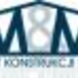 Logo firmy 'M&M' producenta konstrukcji stalowych, w odcieniach niebieskiego, z symbolem nieskończoności w tle i obrysem przypominającym konstrukcję hali.