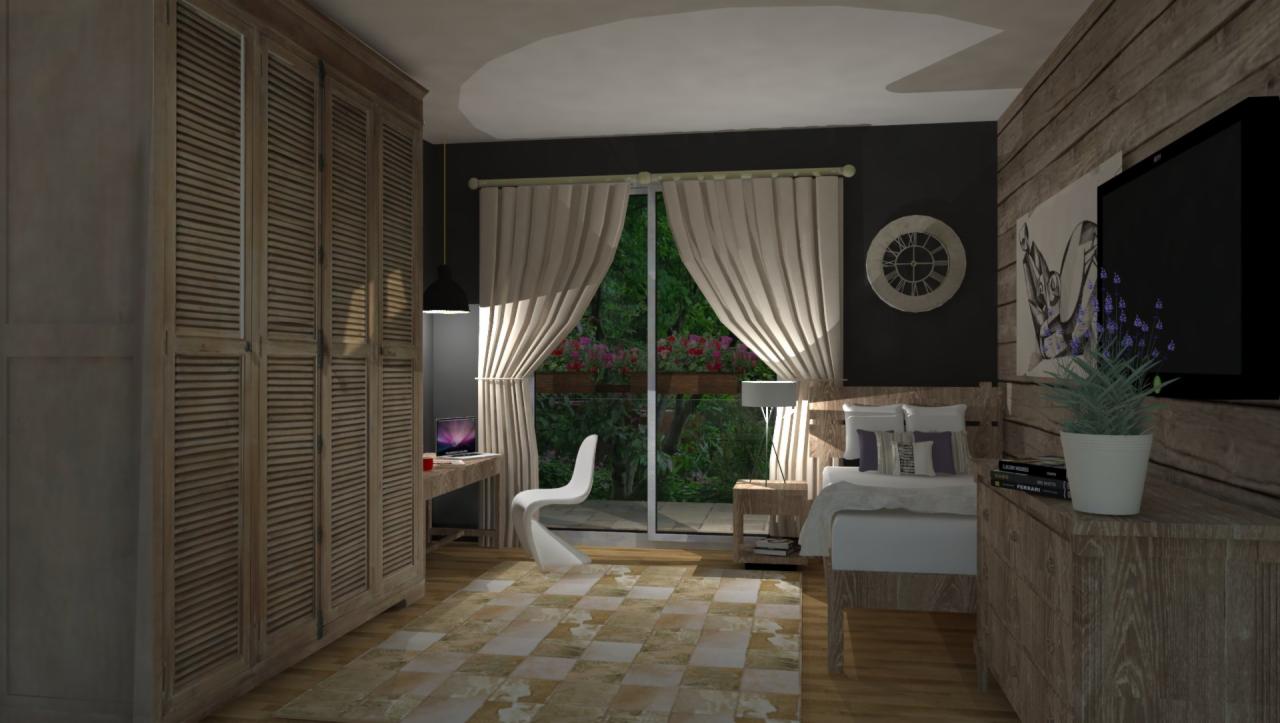 Nowoczesna sypialnia z drewnianą zabudową, biurkiem pod oknem i designerskim krzesłem, widok na balkon z kwiatami.