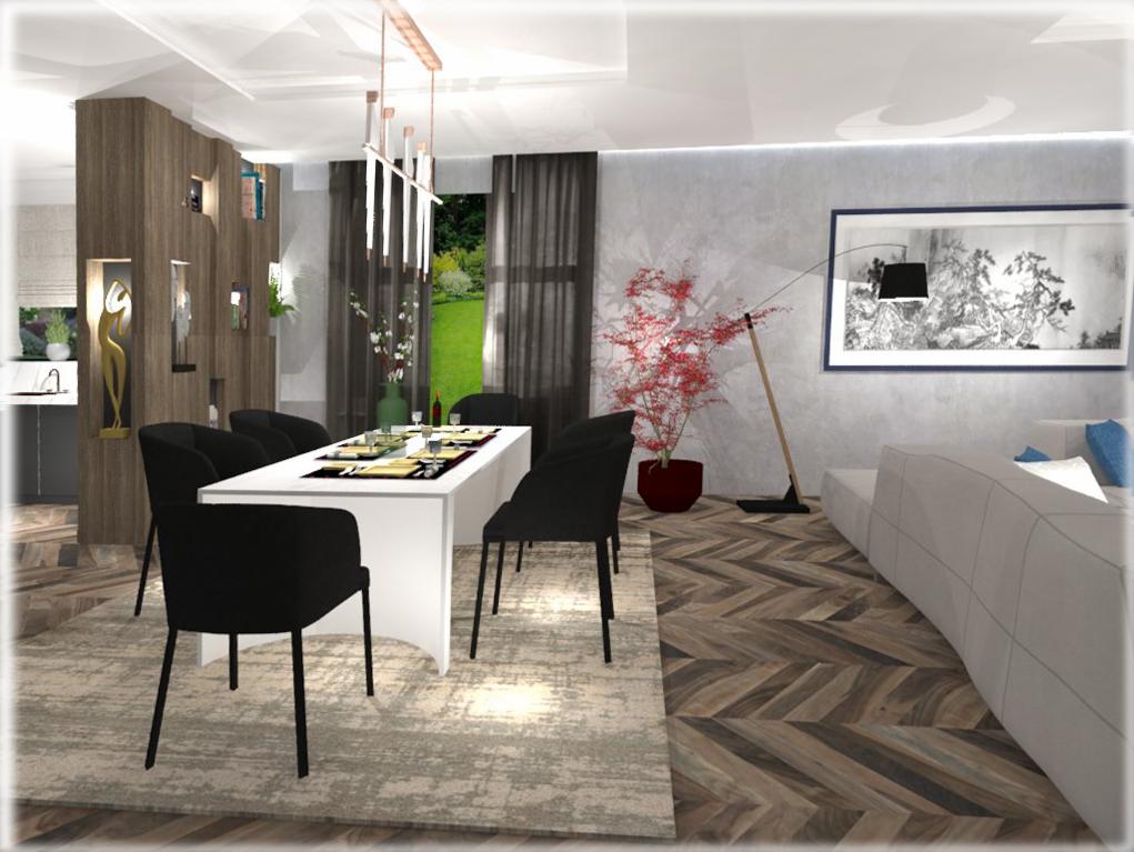 Wizualizacja jadalni z białym stołem, czarnymi krzesłami, parkietem w jodełkę i oświetleniem wiszącym, uzupełniona o elementy dekoracyjne jak drzewko bonsai i abstrakcyjny obraz.