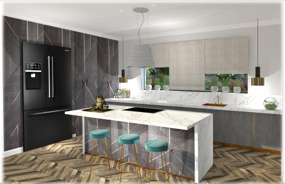 Wizualizacja nowoczesnej kuchni z wyspą, czarną lodówką Samsung i geometryczną ścianą w odcieniach szarości z miedzianymi akcentami, podłoga z parkietu w jodełkę.