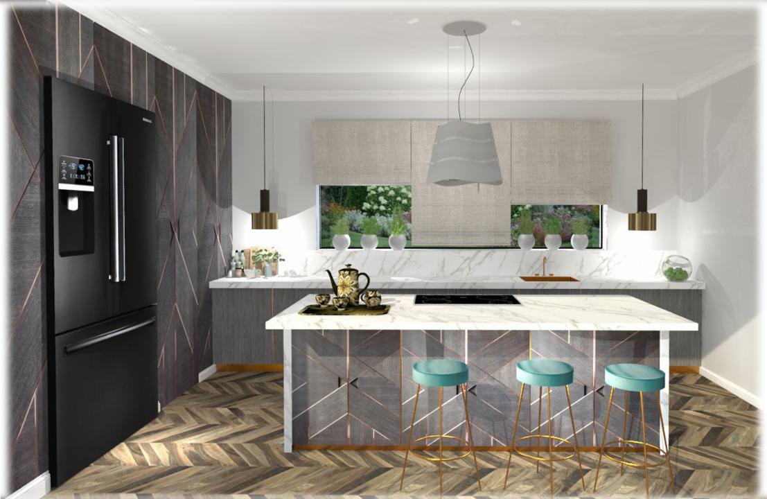 Wizualizacja nowoczesnej kuchni z czarną lodówką, marmurowym blatem wyspy i turkusowymi hokerami na złotych nogach, parkiet w jodełkę i dekoracyjna ściana z geometrycznym wzorem.