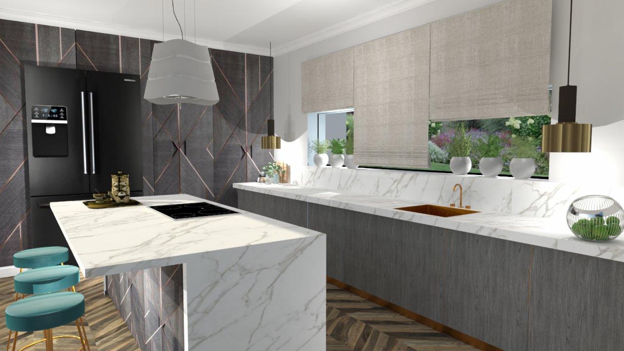 Wizualizacja nowoczesnej kuchni z marmurowym blatem, czarną lodówką Samsung i turkusowymi stołkami barowymi na złotych nogach.