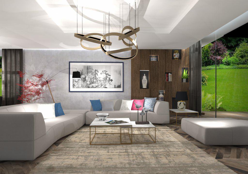 Wizualizacja salonu z narożną sofą, marmurowymi stolikami kawowymi na złotych nóżkach i abstrakcyjną lampą wiszącą, widok na ogród przez duże okno.