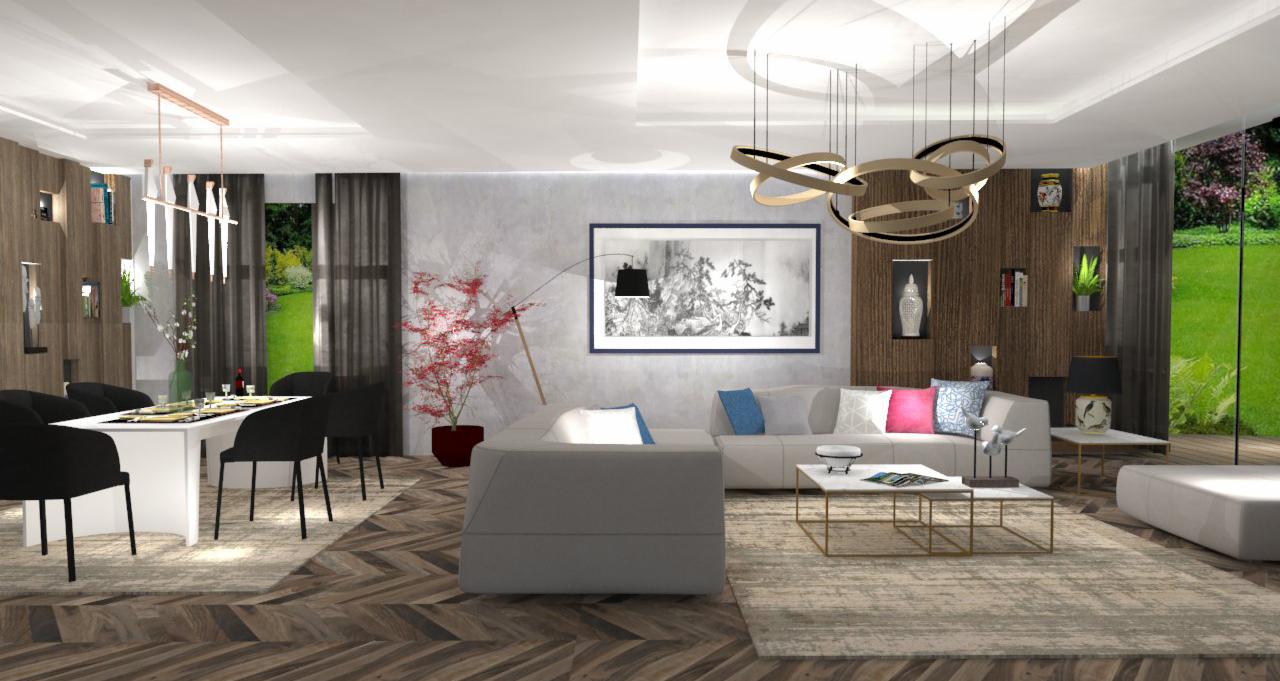 Wizualizacja przestronnego salonu z jadalnią, nowoczesne meble, drewniana podłoga w jodełkę, widok na ogród przez okno, designerska lampa wisząca nad stołem i sofą.