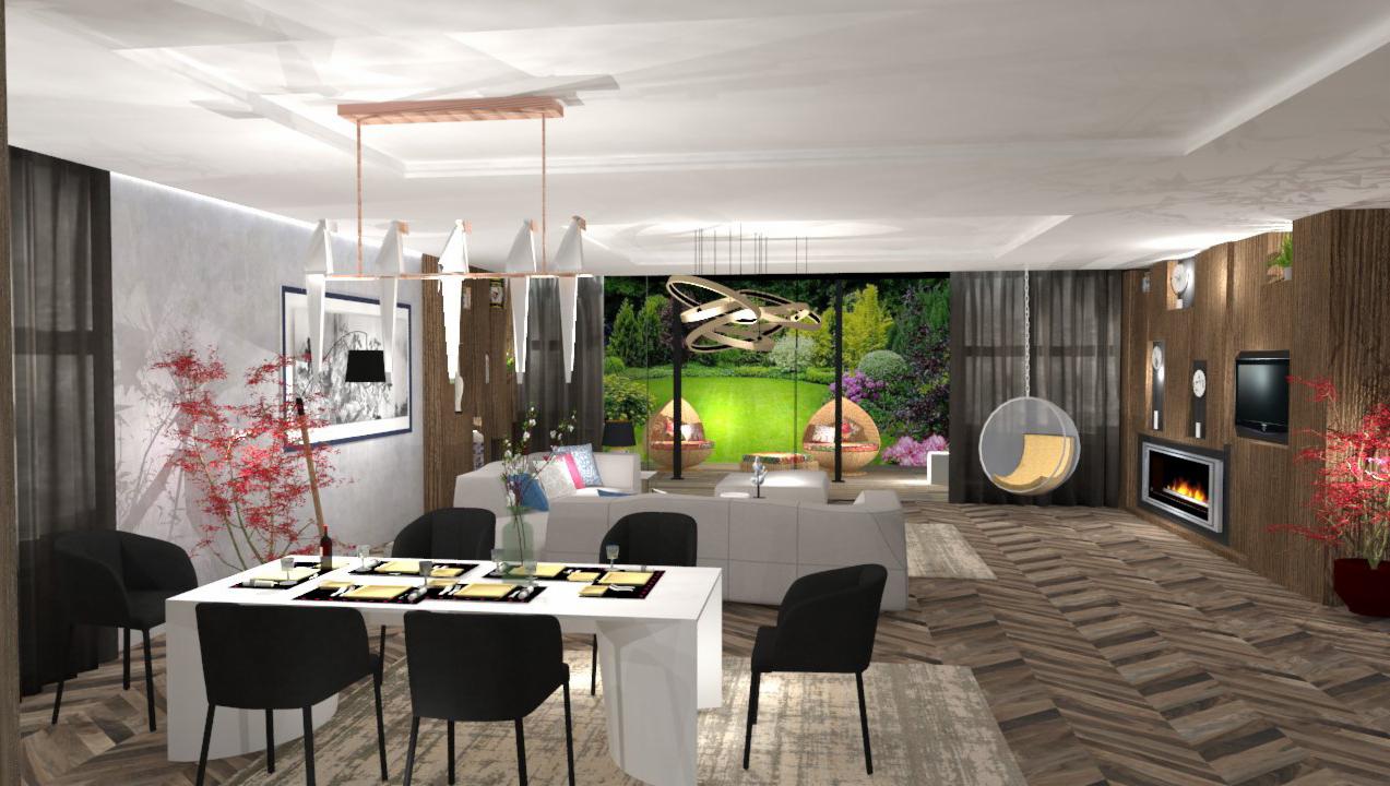 Wizualizacja przestronnego salonu z jadalnią, z białym stołem, czarnymi krzesłami i szarą sofą, z widokiem na ogród przez duże okno, oświetlonym nowoczesną lampą wiszącą.