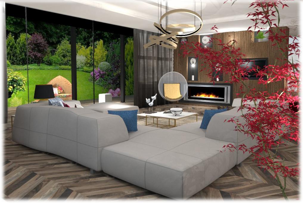 Wizualizacja salonu z dużym, modułowym narożnikiem w odcieniach szarości, widok na ogród przez panoramiczne okno, wiszący fotel-kokon i dekoracyjny kominek.