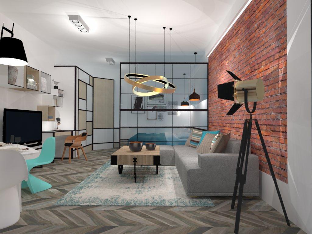 Wizualizacja salonu z ceglaną ścianą, szarą sofą narożną, drewnianym stolikiem kawowym, turkusowym dywanem, lampą studyjną na trójnogu i dekoracyjnym oświetleniem sufitowym.