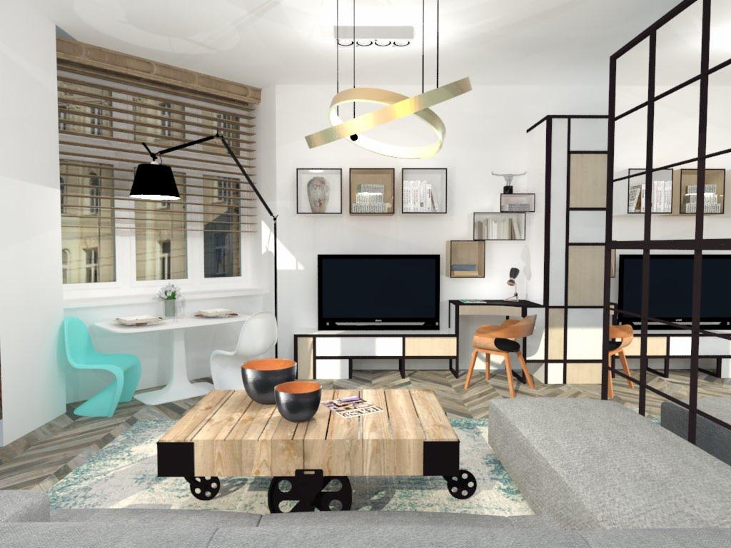 Wizualizacja salonu w Poznaniu z drewnianym stolikiem na kółkach, nowoczesnym oświetleniem i przeszkleniami, utrzymana w jasnej kolorystyce z akcentami turkusu.