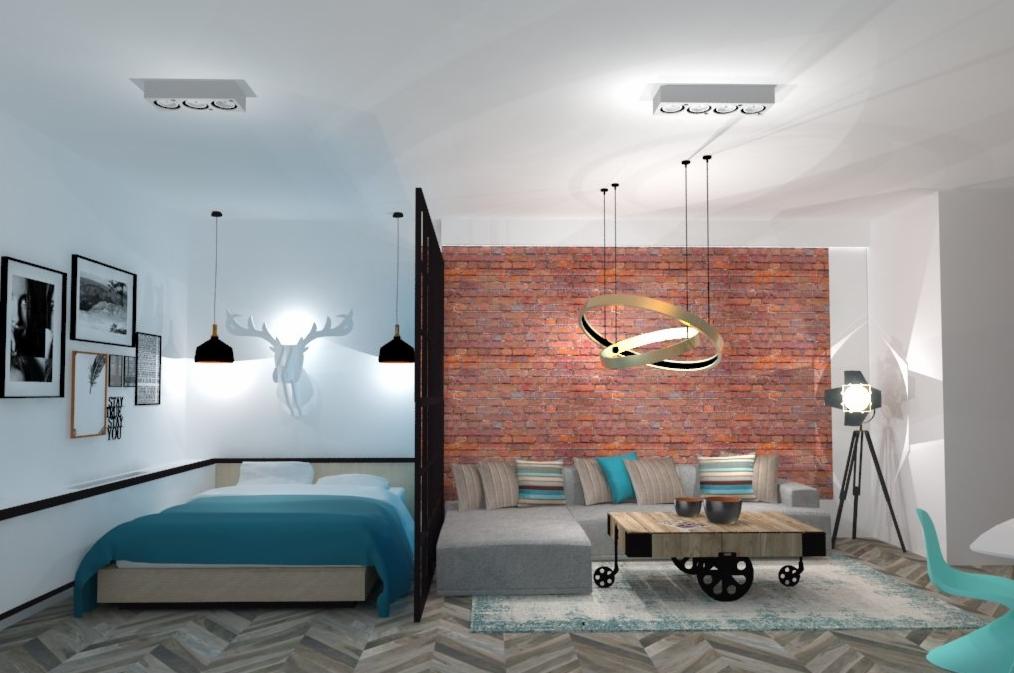 Wizualizacja wnętrza z podziałem na strefę sypialnianą z łóżkiem i dekoracją ścienną w postaci głowy jelenia oraz strefę dzienną z sofą, ceglaną ścianą i lampą pierścieniową.