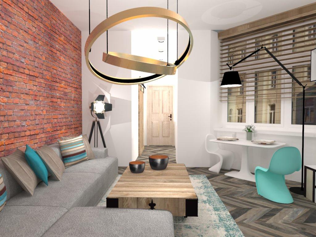 Salon z ceglaną ścianą, szarą sofą, drewnianym stolikiem kawowym, okrągłą lampą wiszącą i jadalnią z widokiem na miasto przez żaluzje.