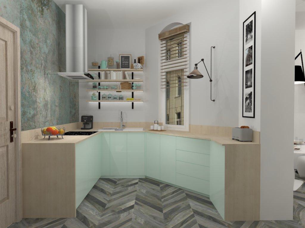 Wizualizacja kuchni z miętową zabudową, drewnianym blatem i podłogą w jodełkę, uzupełniona o półki ścienne, lampę i obrazy.