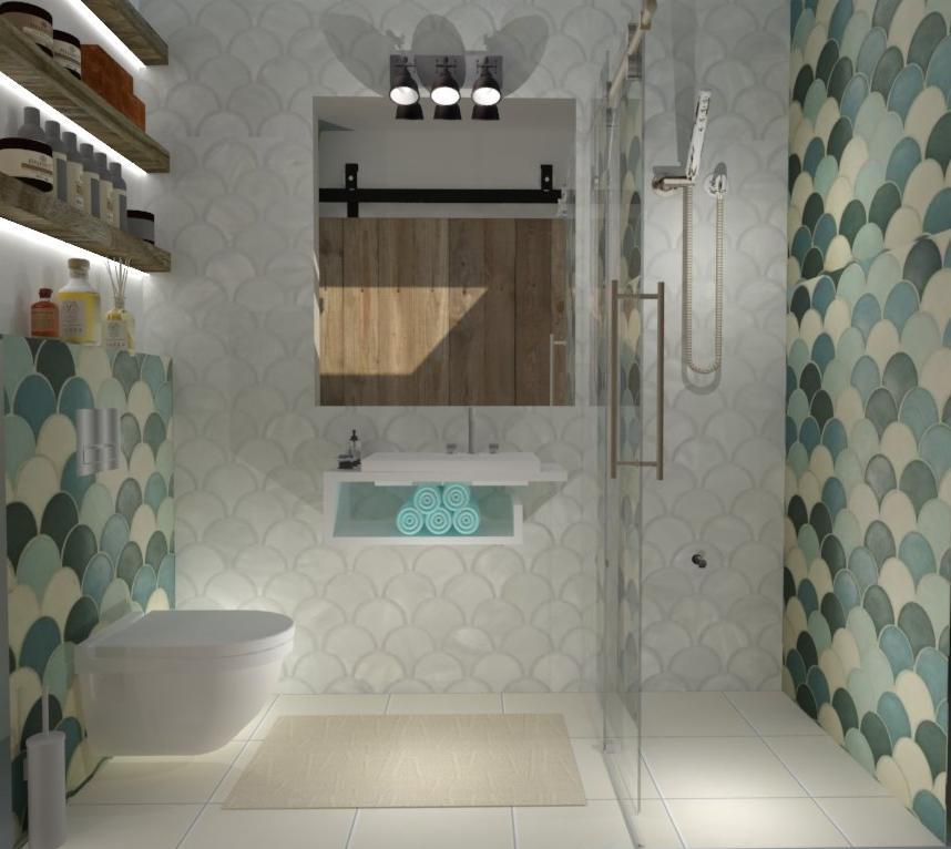 Nowoczesna łazienka z płytkami w kształcie rybich łusek, drewnianymi drzwiami przesuwnymi w lustrze i minimalistyczną umywalką z ręcznikami.