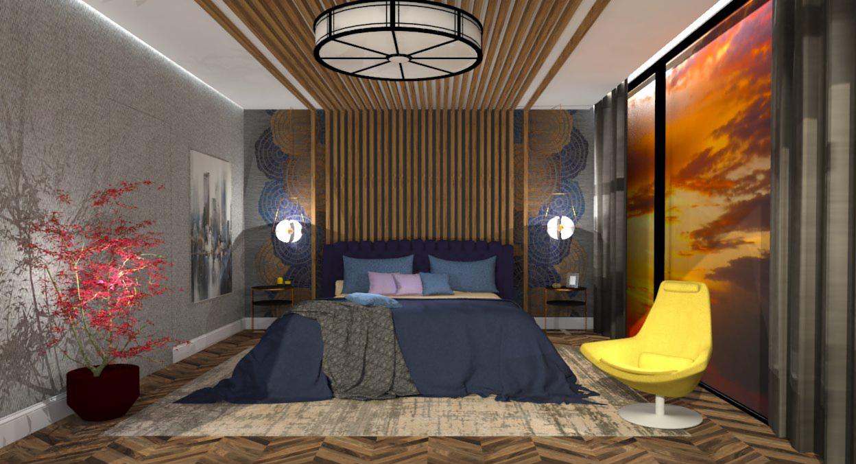 Wizualizacja sypialni z drewnianym panelem za łóżkiem, okrągłą lampą sufitową, rośliną w doniczce i żółtym fotelem na tle okna z widokiem zachodu słońca.