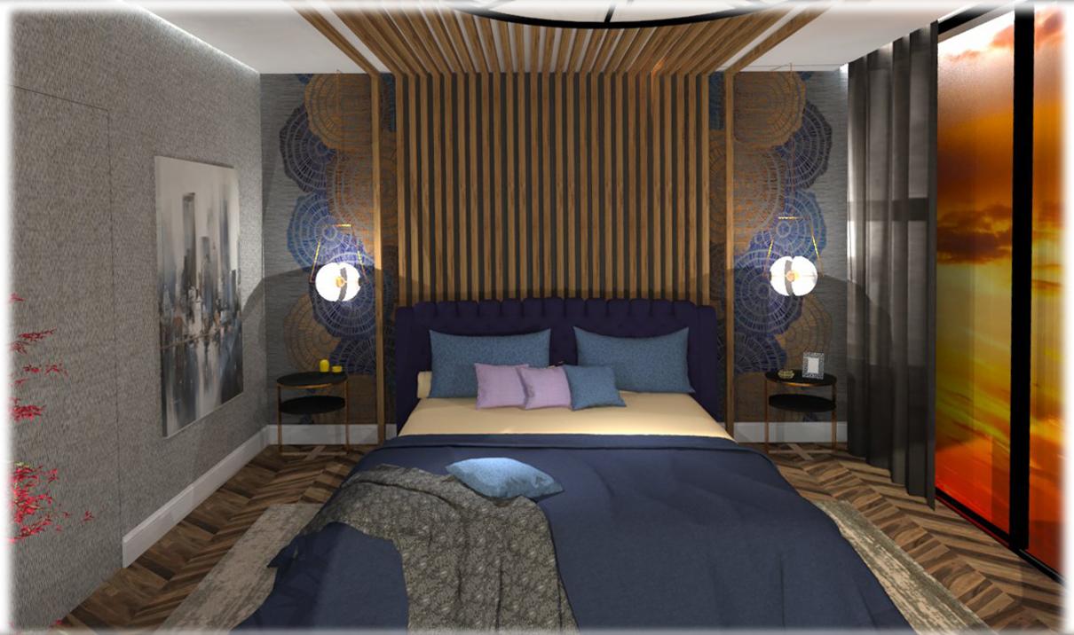 Wizualizacja sypialni z drewnianymi lamelami za wezgłowiem łóżka, okrągłymi lampami wiszącymi, granatową pościelą i widokiem na zachód słońca za oknem.