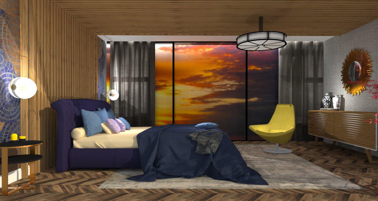 Nowoczesna sypialnia z fioletowym łóżkiem, żółtym fotelem i widokiem na zachód słońca za oknem.