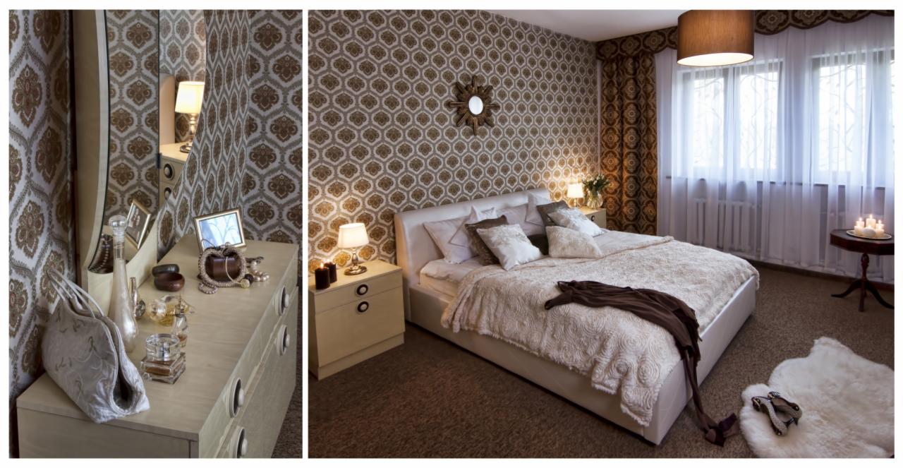 Przytulna sypialnia z łóżkiem małżeńskim, wzorzystą tapetą w odcieniach brązu i beżu, toaletką z lustrem i akcesoriami, oraz dywanem ze sztucznego futra.