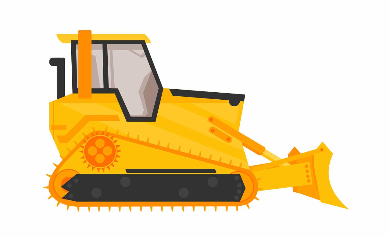 Żółta ikona spychacza z czarnymi gąsienicami i pomarańczowymi detalami, przedstawiona na białym tle.