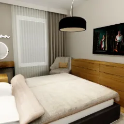 Wizualizacja sypialni z łóżkiem z brązowym zagłówkiem, toaletką z okrągłym lustrem z podświetleniem LED, komodą z drewna i lampą wiszącą z czarnym kloszem. Na ścianie wisi telewizor z filmem.